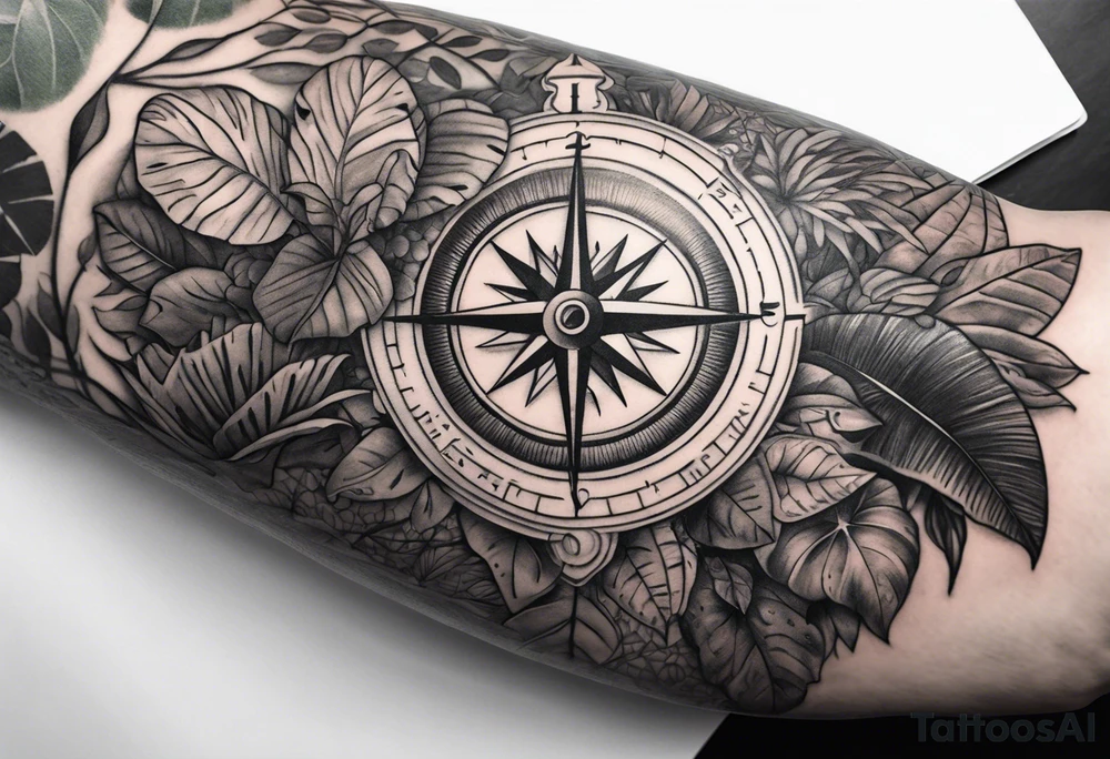 full arm sleeve tattoo with jungle plants, compass, eye tattoo idea