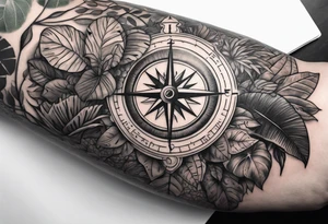 full arm sleeve tattoo with jungle plants, compass, eye tattoo idea