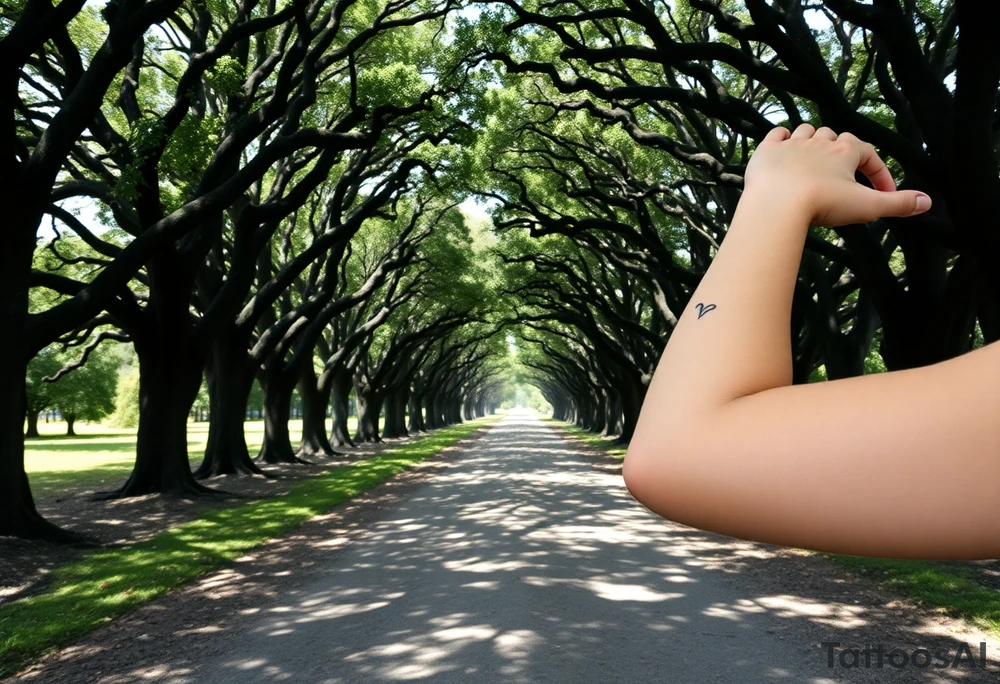 Tree lined dirt road. Road is rough, not smooth. Trees are oak, lining the road unevenly, tight so little light gets through. Branches arch across the road, some meeting in the middle. Dappled sunlight where it hits. Road gets smaller in the distance. Display tattoo on upper arm. tattoo idea