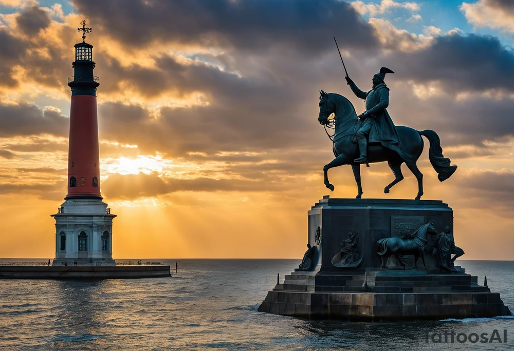 In the foreground stands the majestic figure of Duke de Richelieu, the renowned governor, pointing forward as if commanding the waves of the Black Sea. Surrounding him are symbols of Odesa - a ship's wheel representing the city's maritime heritage, a lighthouse beacon guiding seafarers, and the monumental Potemkin Stairs descending to the port. In the background, the waves of the Black Sea, intrinsic to Odesa's coastal identity, seem to applaud its grandeur. This tattoo embodies the unique spirit of Odesa, its rich history, and inseparable bond with the sea. tattoo idea