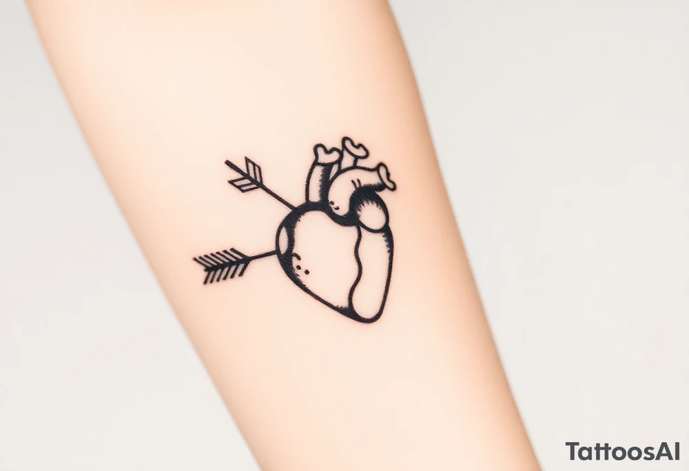 anatomical heart pierced by ornate arrow with flowing ribbons tattoo idea