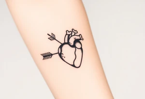 anatomical heart pierced by ornate arrow with flowing ribbons tattoo idea
