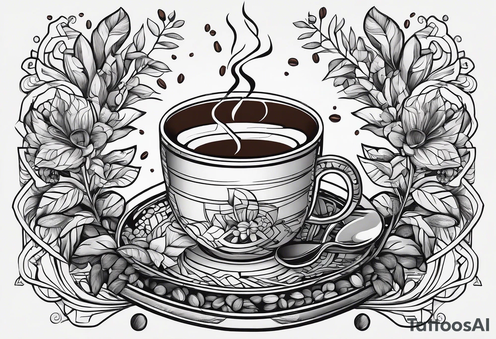 The story of coffee from plant to cup. Thin lines and geometric shapes. tattoo idea