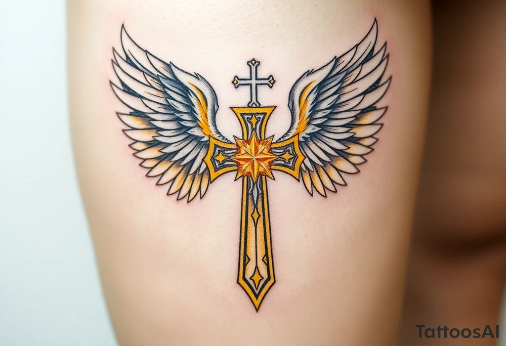 A white and gold Templar cross with angel wings, glowing with divine light tattoo idea