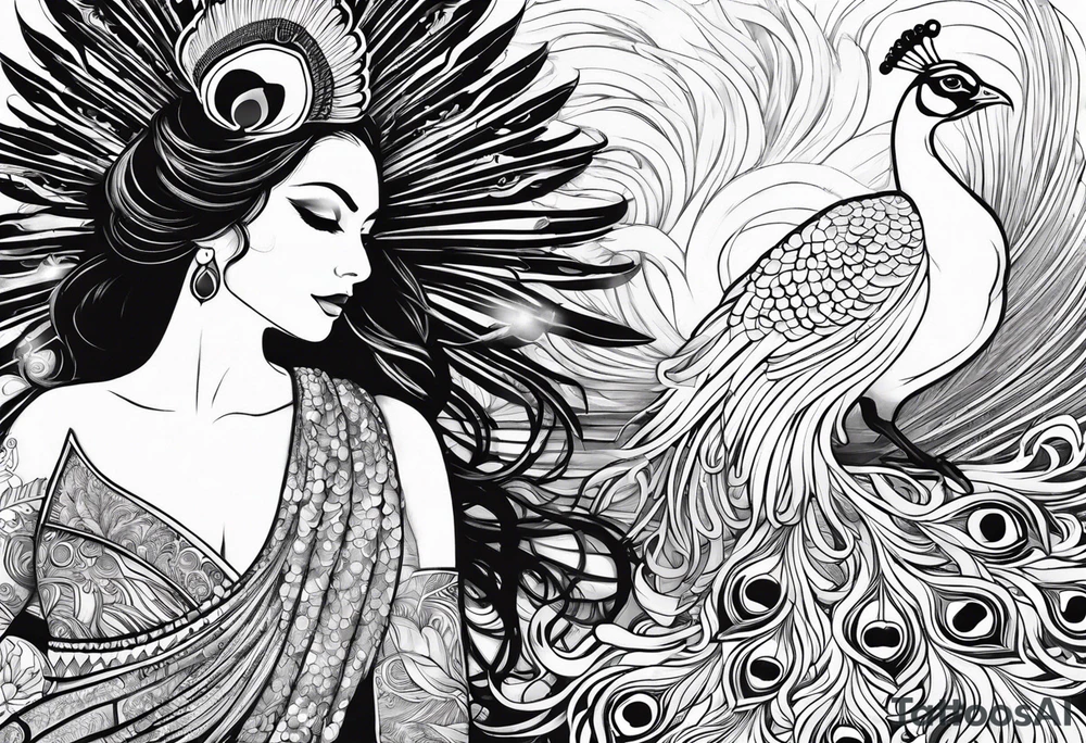peacock along side a flowing  long river with oshun sitting at the end of it tattoo idea