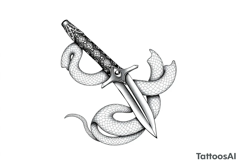 mystical snake coiled around an ancient dagger with jeweled hilt tattoo idea