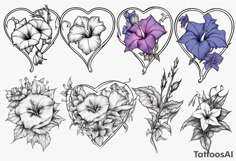 Morning glory and larkspur outlining a heart tattoo idea