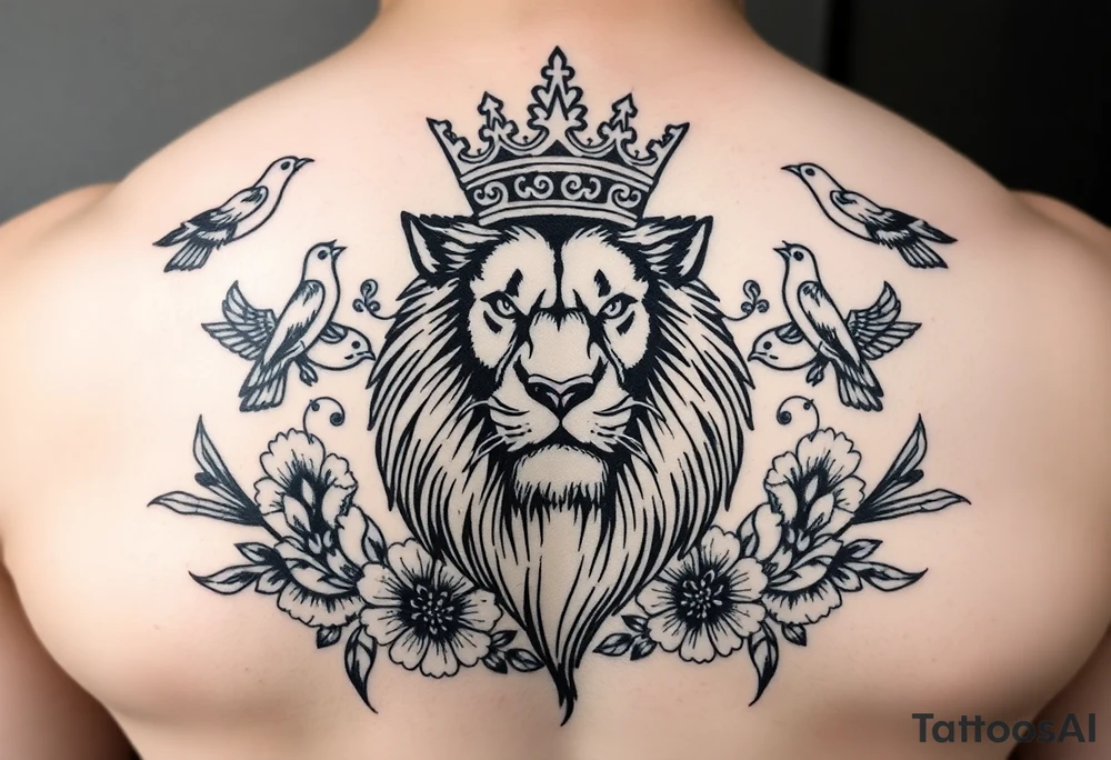 stencil of powerful majestic lion with a crown, surrounded by floral ornaments and birds tattoo idea