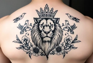 stencil of powerful majestic lion with a crown, surrounded by floral ornaments and birds tattoo idea