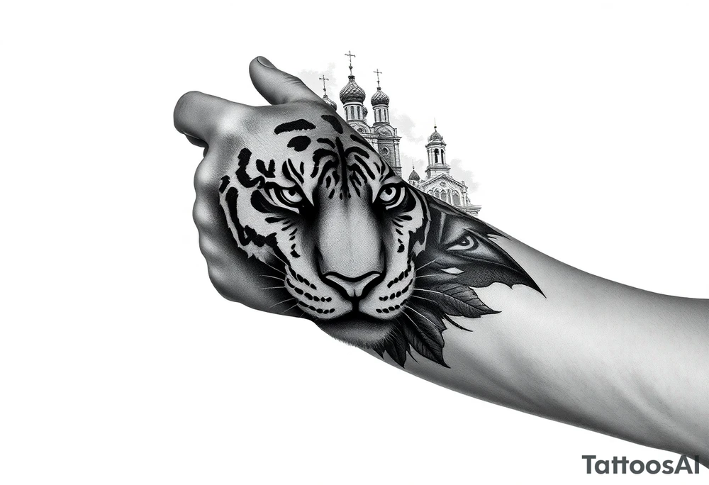 in a dorsal view of the hand and forearm a tiger face on the hand with black hollowed eyes, then above this a orthodox church shrouded with a mist and fading into a virgin mary overlooking tattoo idea