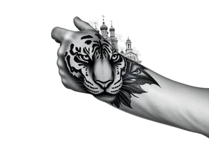 in a dorsal view of the hand and forearm a tiger face on the hand with black hollowed eyes, then above this a orthodox church shrouded with a mist and fading into a virgin mary overlooking tattoo idea