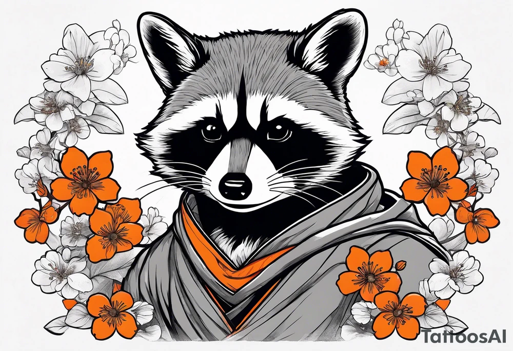 raccoon wearing a black and white Superman hoodie and orange Japanese cherry blossoms tattoo idea