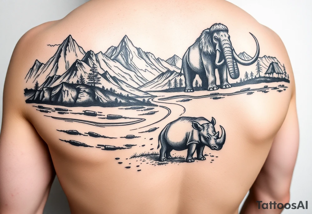 Arm sleeve with mountains, a river Valley woolly mammoth, woolly rhinoceros And Neolithic hunters tattoo idea