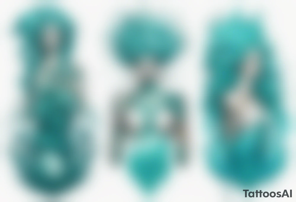 a tall woman made of water with turquoise hair surrounded by the ocean tattoo idea