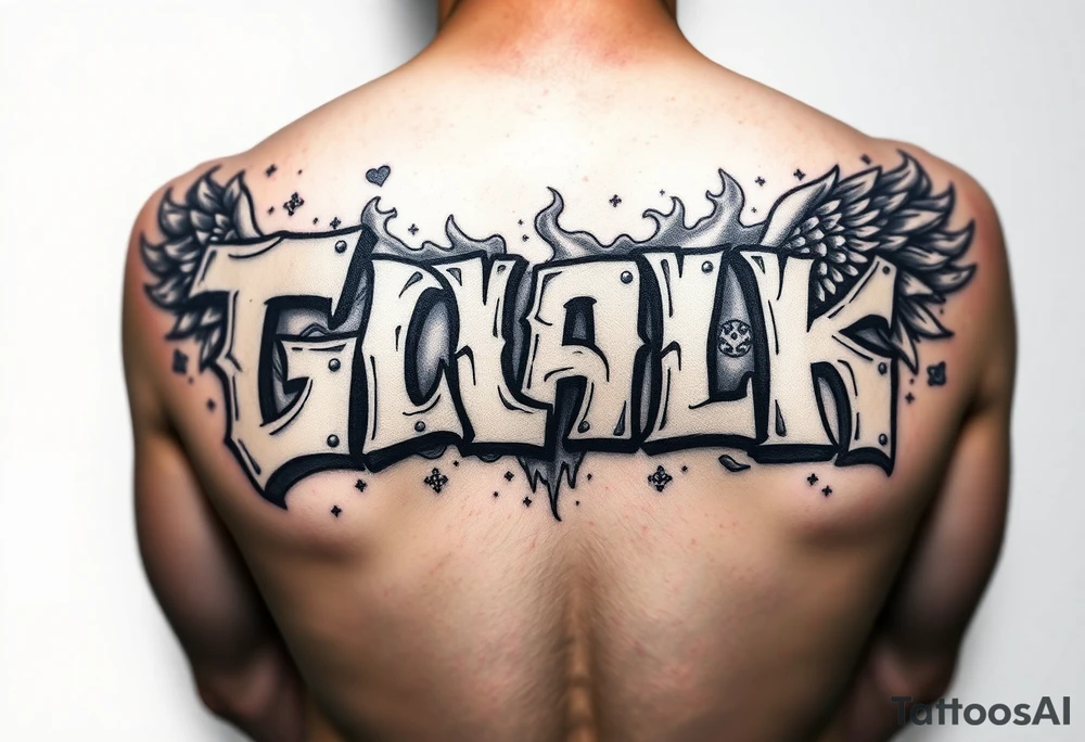 Graffiti in 3d stone style make the letters look carved in stone flame and smoke effect add dice , money, cards, skulls or angel wings tattoo idea