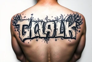 Graffiti in 3d stone style make the letters look carved in stone flame and smoke effect add dice , money, cards, skulls or angel wings tattoo idea