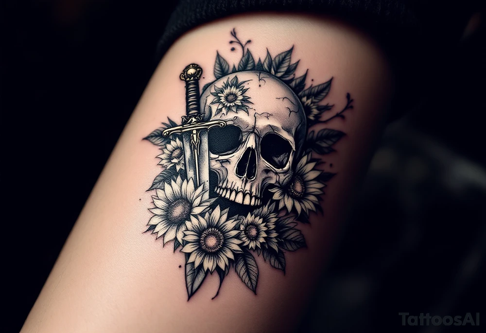 Skull, heart and dagger with roses and sunflowers tattoo idea