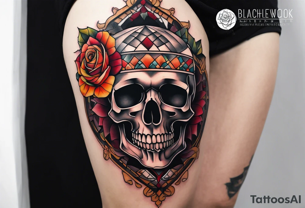 blackwork Knee tattoo in fall colors showing a large skull with a rose in the style tattoo idea