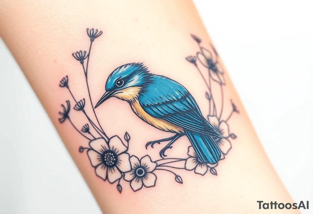 Angry bluebird surrounded by wild flowers tattoo idea