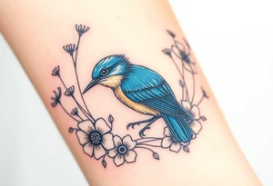 Angry bluebird surrounded by wild flowers tattoo idea