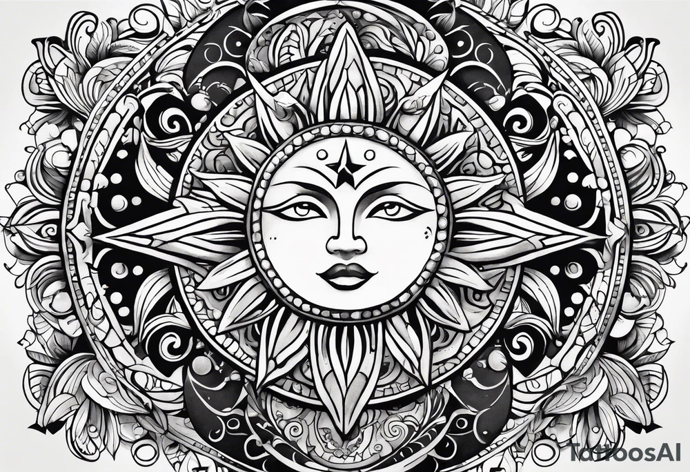 Mexican Sun and moon sternum swirls and dots and stars tattoo idea