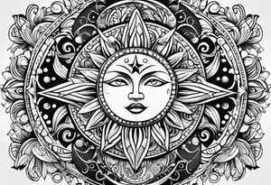 Mexican Sun and moon sternum swirls and dots and stars tattoo idea