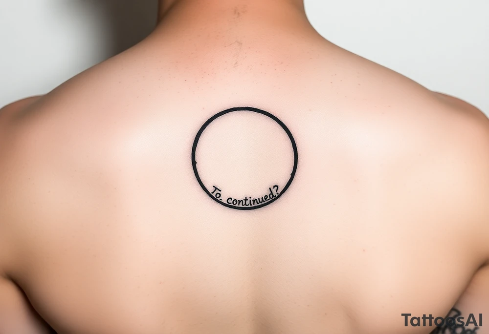 "Black circle tattoo (3cm) with barely visible 'To be continued?' around edge. Like a punctuation mark on skin." tattoo idea