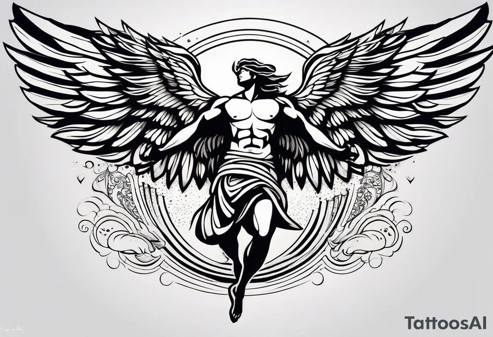 "Create a tattoo design of Icarus, depicted in a stylized manner with wide, intricate wings. Icarus is shown in an ascending flight position, expressing a mix of determination and joy on his face. The sun shines brightly in the background, symbolizing his ambition and desire to soar high. Some feathers from his wings are falling to represent the fragility of his dreams. The design incorporates dynamic clouds and abstract patterns to enhance the sense of movement and freedom, capturing both the beauty and tragedy of Icarus's myth." tattoo idea