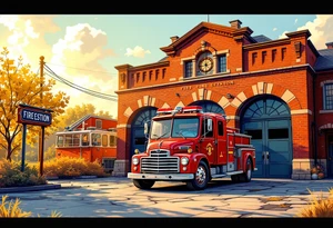 A fire station with an old-school red fire truck parked in front, with warm brick textures and golden sunlight casting long shadows. tattoo idea