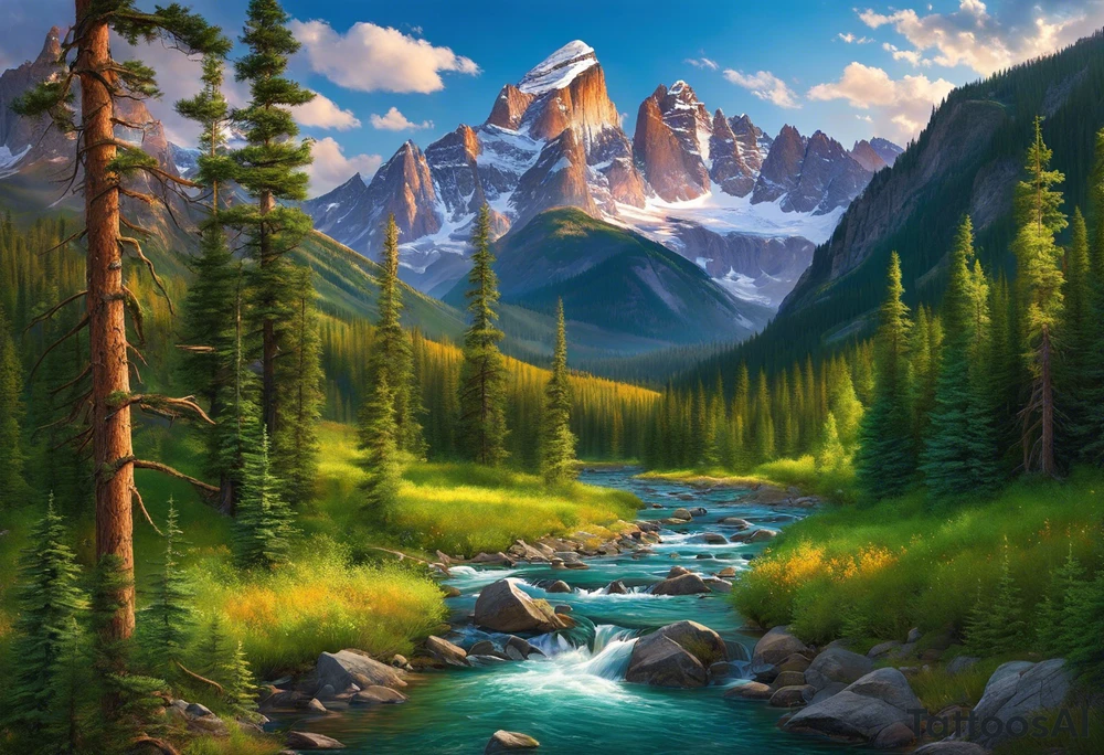 Imagine the majestic Rocky Mountains rising up in the background, their snow-capped peaks reaching towards the sky. Below them, a lush forest of pine trees spreads out, their deep green needles contrasting against the rugged terrain. In the foreground, a winding river flows through the landscape, its clear waters reflecting the colors of the setting sun.

Above, the sky transitions from the warm hues of sunset to the deep blues and purples of nightfall, fading into darkness speckled with stars. Among the stars, you could have a constellation resembling the momentous night you met her, perhaps even adding her zodiac sign for a personal touch.

In elegant script, the words "I knew the moment I saw her" could be woven into the design, perhaps following the contours of the river or nestled within the branches of a tree.

The overall effect would be a breathtaking scene capturing the beauty of Colorado's nature, combined with the sentiment of that special moment when your paths first crossed. tattoo idea