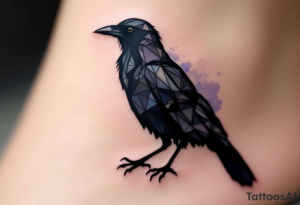 Geometric Crow – A crow formed out of black geometric shapes and sharp lines, with a soft watercolor background in muted purple and blue. tattoo idea