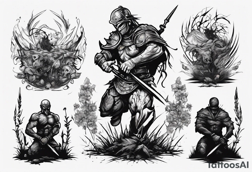 Warrior kneeling upon a field of fallen enemies tattoo idea