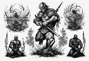 Warrior kneeling upon a field of fallen enemies tattoo idea