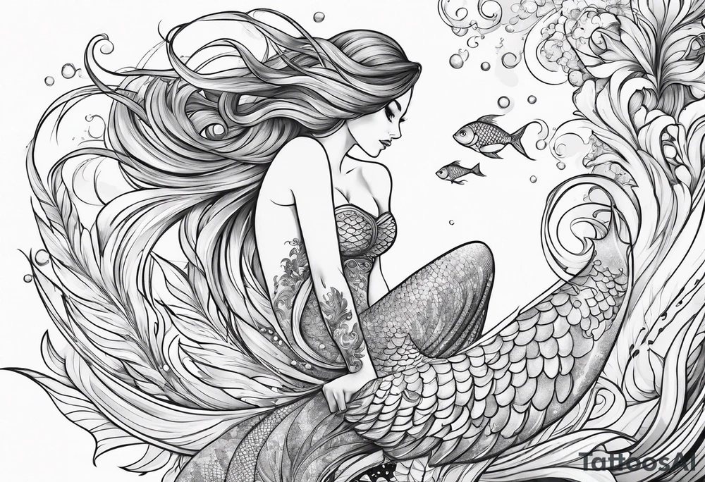 magical mermaid with long fan tail tattoo idea