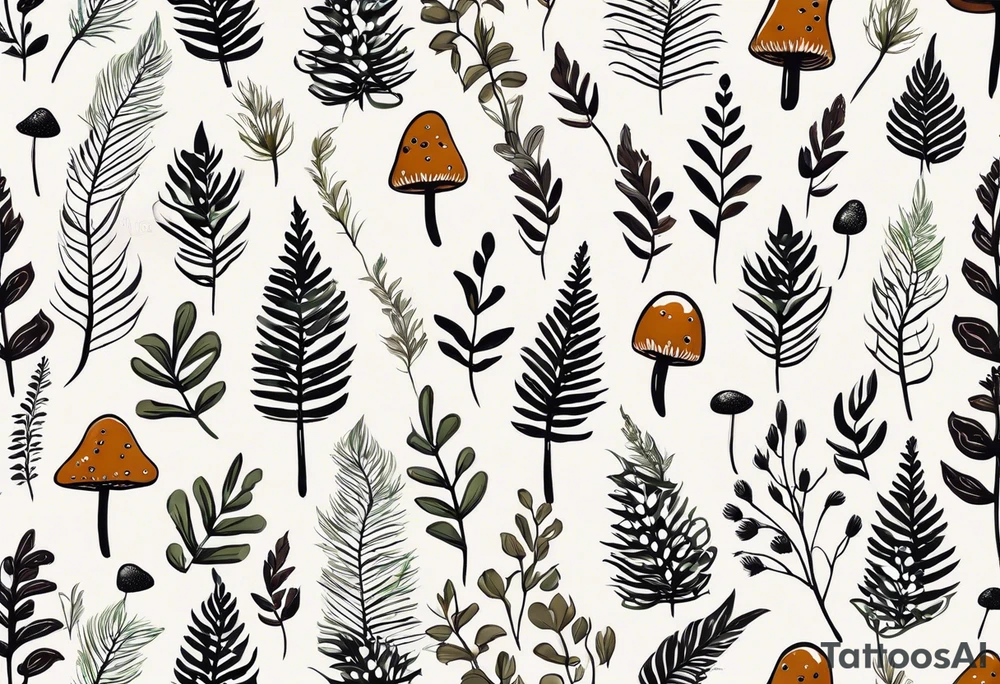 minimalistic forest floor inspired tattoo, which includes grass, moss, curly ferns and dead leaves as the bulk of the tattoo. details to include: forest berries, couple of very small brown mushrooms, a tiny bumblebee flying nearby tattoo idea