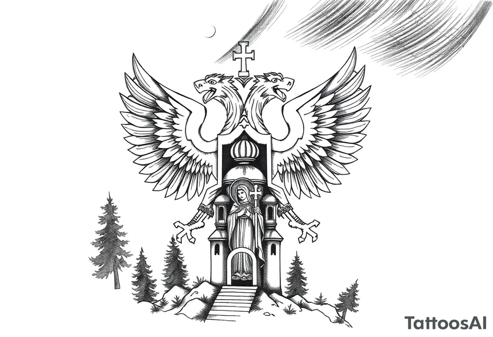 russian coat of arms double headed eagle traditional christian orthodox cross with a virgin mary stood in the entrance of a russian orthodox dome church on the side of the neck in a wilderness setting tattoo idea