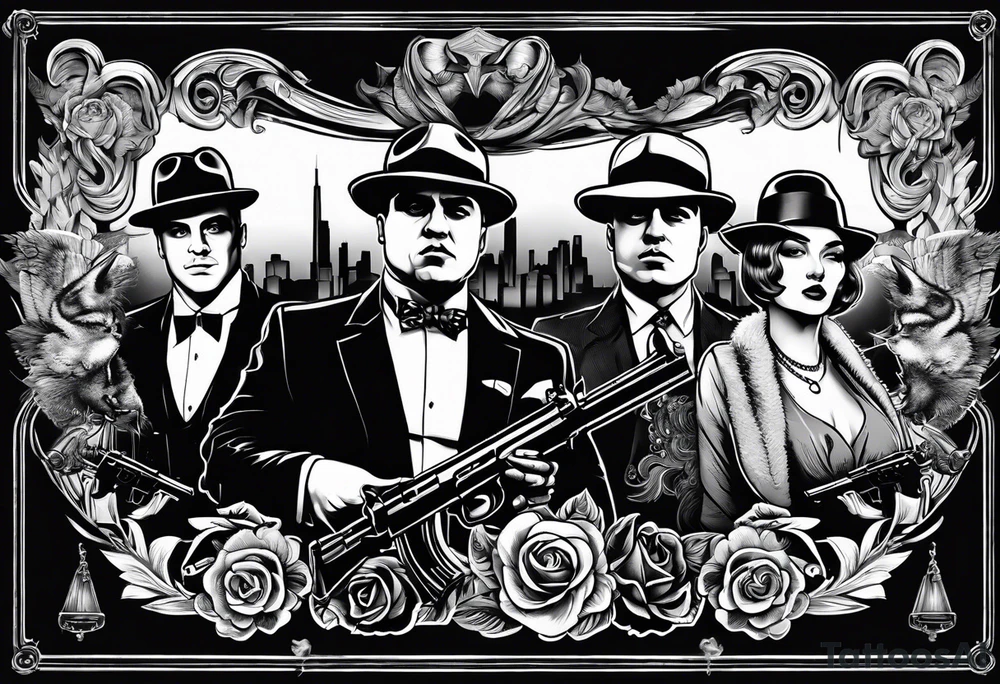 group of gangsters including Al Capone and bonnie and Clyde with machine guns surrounded by smoke and fire tattoo idea