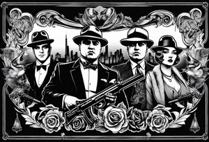 group of gangsters including Al Capone and bonnie and Clyde with machine guns surrounded by smoke and fire tattoo idea