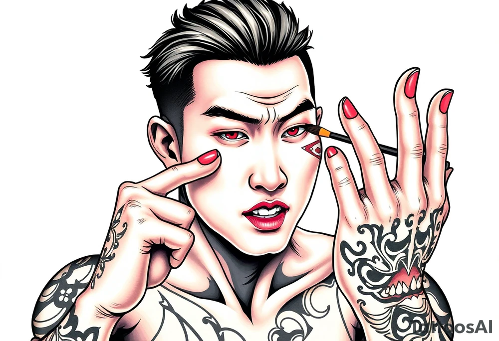 Handsome Asian young guy is putting fighting  make up on protecting from evil tattoo idea