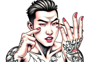 Handsome Asian young guy is putting fighting  make up on protecting from evil tattoo idea