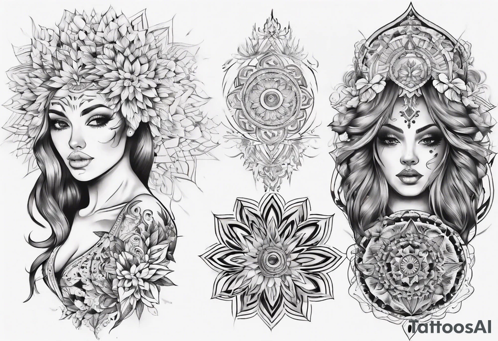 tattoo on both arms going to the chest. mixing mandalas with beautiful girls tattoo idea