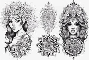 tattoo on both arms going to the chest. mixing mandalas with beautiful girls tattoo idea