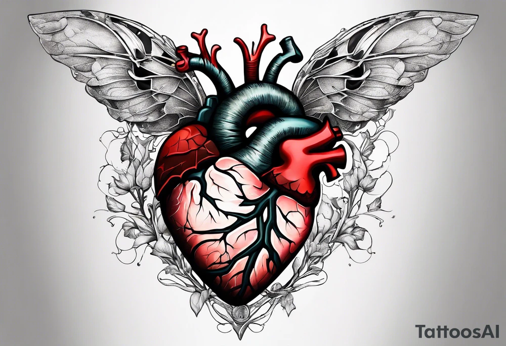 Anatomical heart, broken, laying on ground, Moth flying above the heart tattoo idea