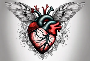 Anatomical heart, broken, laying on ground, Moth flying above the heart tattoo idea