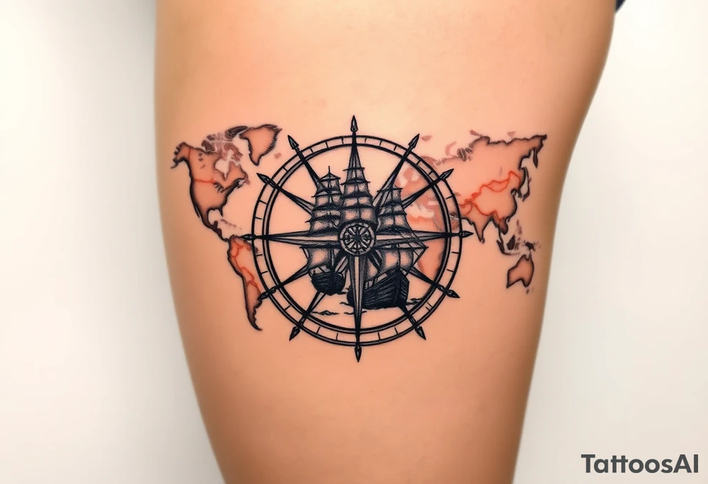 antique compass rose overlaid on weathered world map with sailing ships tattoo idea
