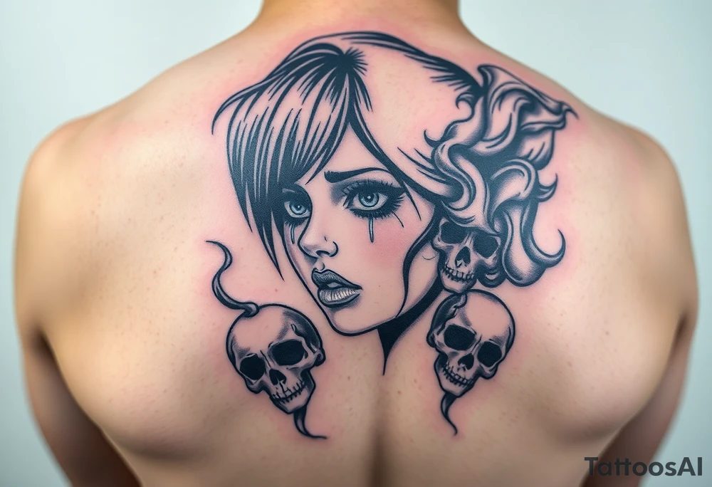 Gangsta sadgirl crying looks gangsta with smoke and skulls tattoo idea