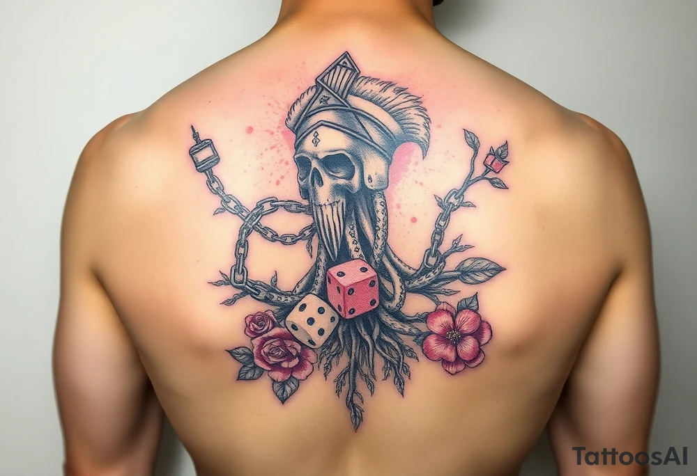 Squid and spartan and sailor hat combined with chains, tree roots, cherry blossoms and roses rolling dice tattoo idea