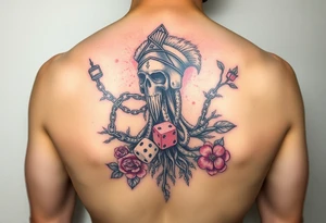 Squid and spartan and sailor hat combined with chains, tree roots, cherry blossoms and roses rolling dice tattoo idea