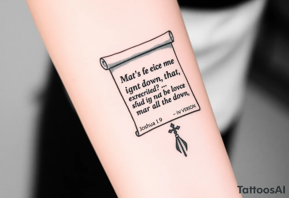 A scroll going down with the Bible verse Joshua 1 9 form the niv Version tattoo idea