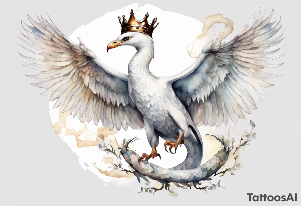 a watercolor of a white bird-serpent hybrid wearing an iron crown, flying in the sky tattoo idea